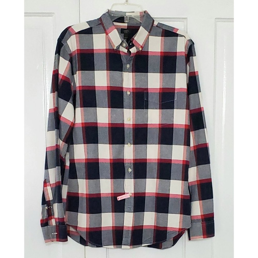 J. Crew Men's Oxford Shirt Red White Navy Plaid Long Sleeve Button Down Collar L